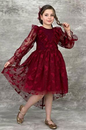Kız Çocuk Kelebek Desenli Transparan Detaylı Kuyruklu Bordo Elbise