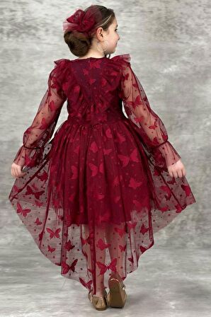 Kız Çocuk Kelebek Desenli Transparan Detaylı Kuyruklu Bordo Elbise