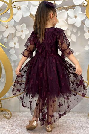 Kız Çocuk Kelebek Desenli Transparan Detaylı Kuyruklu Mürdüm Elbise