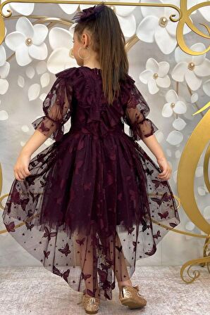 Kız Çocuk Kelebek Desenli Transparan Detaylı Kuyruklu Mürdüm Elbise