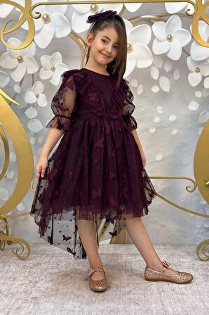 Kız Çocuk Kelebek Desenli Transparan Detaylı Kuyruklu Mürdüm Elbise