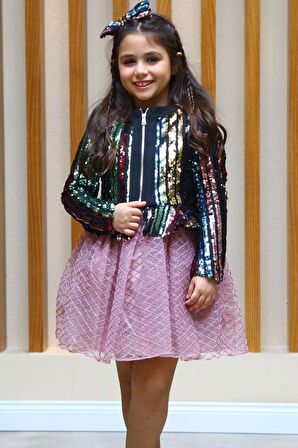 Kız Çocuk Pulpayet Detaylı Ceket ve Kabarık Tüllü Pembe Etekli Takım