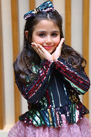 Kız Çocuk Pulpayet Detaylı Ceket ve Kabarık Tüllü Pembe Etekli Takım