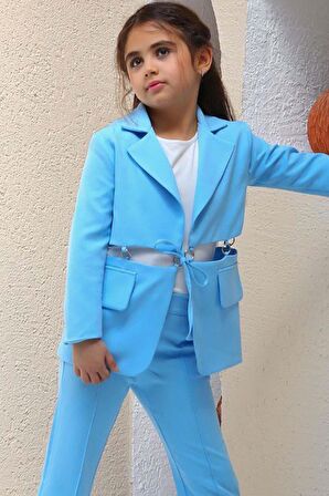 Kız Çocuk Halka Detaylı Blazer Ceket ve  Yırtmaç Detaylı İspanyol Paçalı Pantolon Mavi Alt Üst Takım
