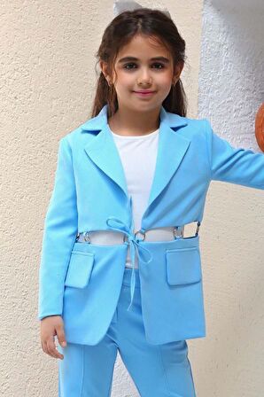Kız Çocuk Halka Detaylı Blazer Ceket ve  Yırtmaç Detaylı İspanyol Paçalı Pantolon Mavi Alt Üst Takım