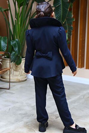 Kız Çocuk Yakası Fırfırlı Kloş Ceket, Lacivert Alt Üst Takım