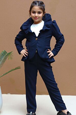 Kız Çocuk Yakası Fırfırlı Kloş Ceket, Lacivert Alt Üst Takım