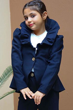 Kız Çocuk Yakası Fırfırlı Kloş Ceket, Lacivert Alt Üst Takım