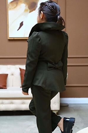 Kız Çocuk Yakası Fırfırlı Kloş Ceket, Haki Alt Üst Takım