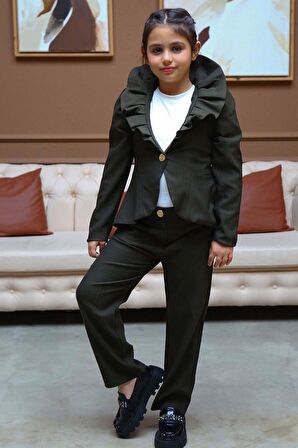 Kız Çocuk Yakası Fırfırlı Kloş Ceket, Haki Alt Üst Takım