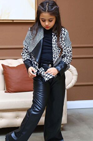 Kız Çocuk Kazayağı ve Leopar Desenli Ceket, İspanyol Paçalı Deri Panton Siyah Alt Üst Takım