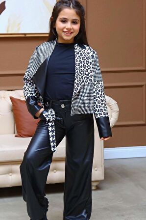 Kız Çocuk Kazayağı ve Leopar Desenli Ceket, İspanyol Paçalı Deri Panton Siyah Alt Üst Takım