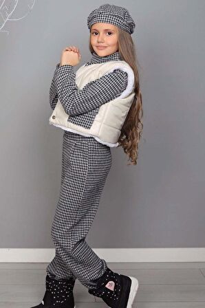 Kız Çocuk Balıkçı Yaka Ekose Desenli Füme Alt ÜSt Takım
