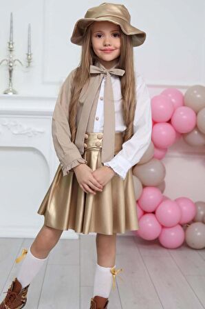 Kız Çocuk Gömlek Yaka Bağlamalı Gold Beyaz Gömlek ve Deri Etekli Takım