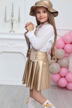 Kız Çocuk Gömlek Yaka Bağlamalı Gold Beyaz Gömlek ve Deri Etekli Takım