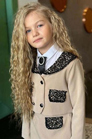 Kız Çocuk New Güpür İşlemeli Sahte Cepli ve Broşlu Bej Etekli Takım