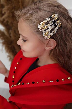 Kız Çocuk V Yaka ve Taş Detaylı Ceket Kırmızı Etekli Takım