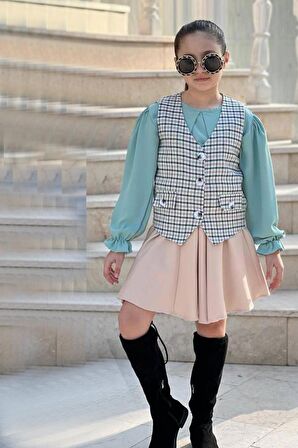 Kız Çocuk Çizgili Cepken ve Gömlek Yaka Yeşil Bluz Etekli Takım