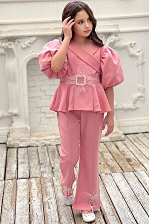 Kız Çocuk Fermuar ve Kemer Detaylı Kruvaze Yaka Pembe Alt Üst Takım