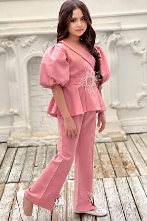 Kız Çocuk Fermuar ve Kemer Detaylı Kruvaze Yaka Pembe Alt Üst Takım