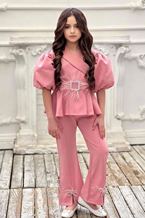 Kız Çocuk Fermuar ve Kemer Detaylı Kruvaze Yaka Pembe Alt Üst Takım