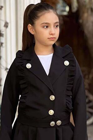 Kız Çocuk Gümüş Düğme ve Fırfır Detaylı Siyah Ceket Etekli Takım