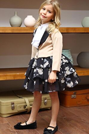 Kız Çocuk Çiçek Desenli KatKat, Atlas Kumaş Etek Bej Ceket Etekli Takım