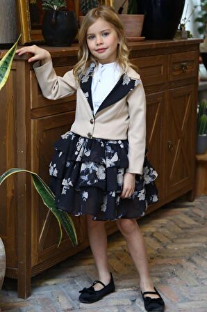 Kız Çocuk Çiçek Desenli KatKat, Atlas Kumaş Etek Bej Ceket Etekli Takım