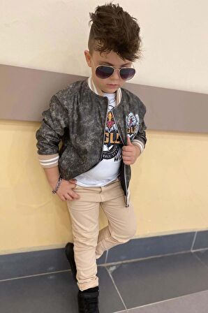 Erkek Çocuk Eagles Yazı ve Dijital Baskılı Bej Alt Üst Takım