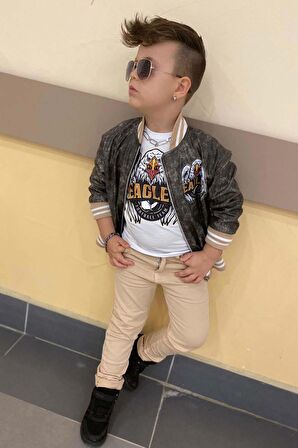 Erkek Çocuk Eagles Yazı ve Dijital Baskılı Bej Alt Üst Takım