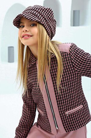 Kız Çocuk Şanel Kumaş Ceket ve Deri Pantolon Pembe Alt Üst Takım