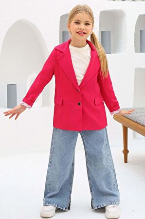 Kız Çocuk Bol Kesim Pantolon ve Blazer Ceket Pembe Alt Üst Takım
