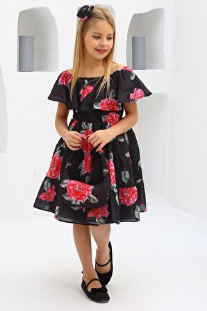 Kız Çocuk Çiçek Desenli Bordo Deri Ceketli Elbise