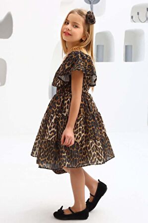 Kız Çocuk Leopar Desenli Siyah Deri Ceketli Elbise