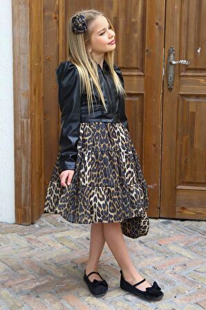 Kız Çocuk Leopar Desenli Siyah Deri Ceketli Elbise