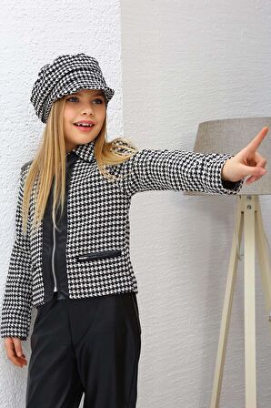 Kız Çocuk Şanel Kumaş Ceket ve Deri Pantolon Siyah Alt Üst Takım