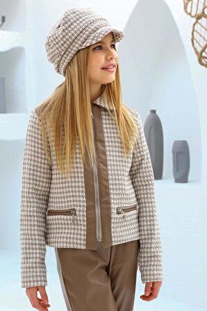 Kız Çocuk Şanel Kumaş Ceket ve Deri Pantolon Kahverengi Alt Üst Takım