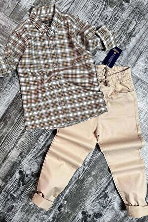 Erkek Çocuk Likralı Gabardin Çizgili Dokuma Kahverengi Gömlek Alt Üst Takım