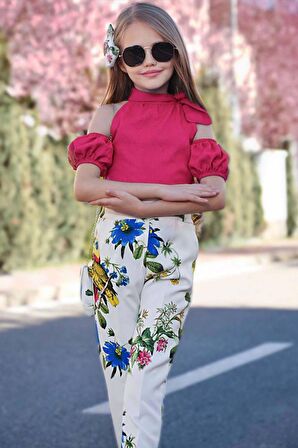 Kız Çocuk Papağan Baskılı Pantolon Omuzu Açık Balon Kol Detaylı Fuşya Bluz Alt Üst Takım