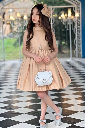 Kız Çocuk Boydan Üzeri Taş İşlemeli Kemer Detaylı Piliseli Krem Elbise