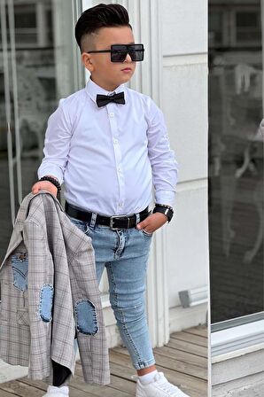 Erkek Çocuk Çizgili Blazer Ceket Kot Pantolon Gri Alt Üst Takım