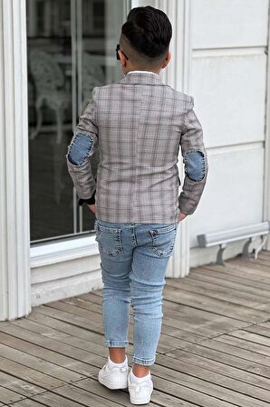 Erkek Çocuk Çizgili Blazer Ceket Kot Pantolon Gri Alt Üst Takım