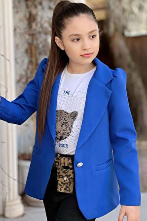 Kız Çocuk Leopar Yazı ve Digital Baskılı Tişört Bol Kesim Pantolon Mavi Blazer Ceket Alt Üst Takım