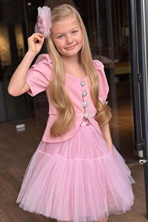 Kız Çocuk Karpuz Kol Düğme Detaylı Ceket Kat Kat Tül Pembe Etekli Takım
