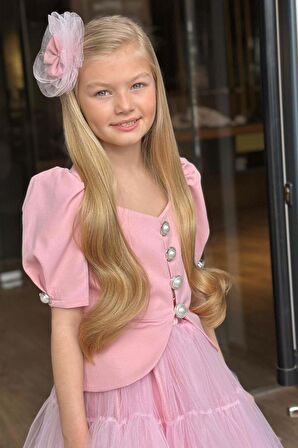 Kız Çocuk Karpuz Kol Düğme Detaylı Ceket Kat Kat Tül Pembe Etekli Takım