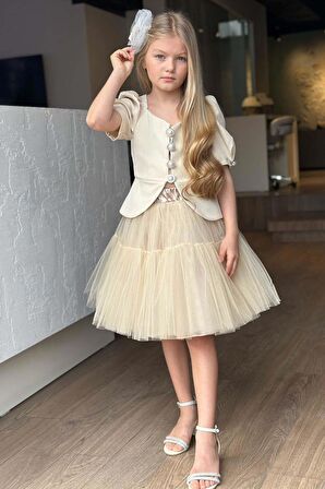 Kız Çocuk Karpuz Kol Düğme Detaylı Ceket Kat Kat Tül Krem Etekli Takım