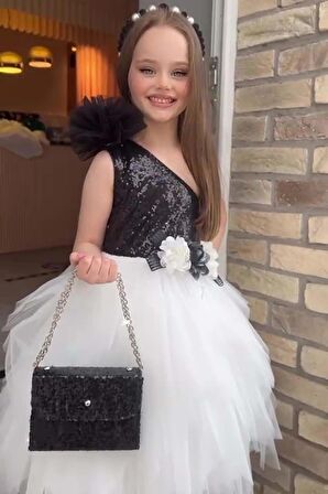 Kız Çocuk Tek Omuz Üstü Pulpayet İşlemeli Önü Çiçekli Tül Tül Siyah Beyaz Elbise