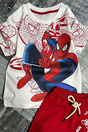 Erkek Çocuk Spiderman Digital ve Yazı Baskılı Kısa Kol Kırmızı Şortlu Takım