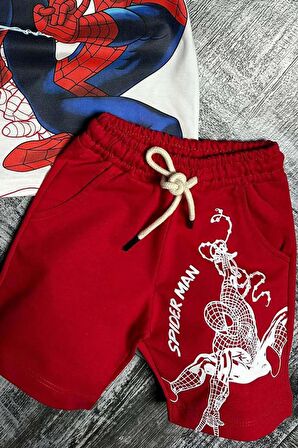 Erkek Çocuk Spiderman Digital ve Yazı Baskılı Kısa Kol Kırmızı Şortlu Takım