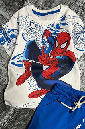 Erkek Çocuk Spiderman Digital ve Yazı Baskılı Kısa Kol Mavi Şortlu Takım